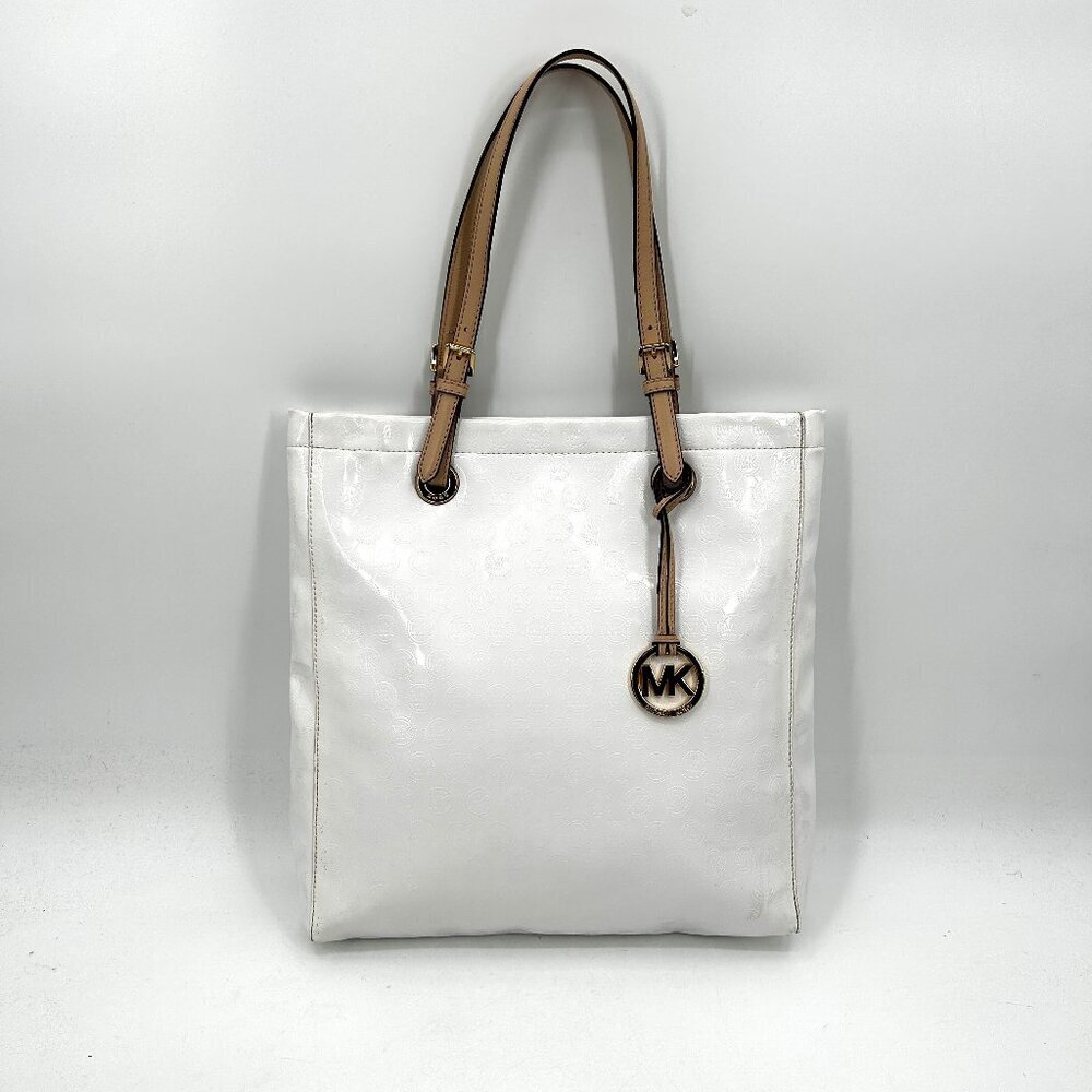 MICHAEL KORS White Jet Set Patent Leather Monogram Embossed Large Tote Purse